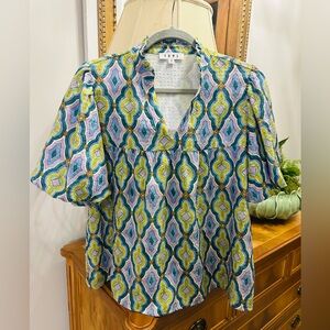 THML Blue and Green Geometric Blouse. Like NEW.